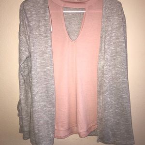 Pink shirt with grey cardigan